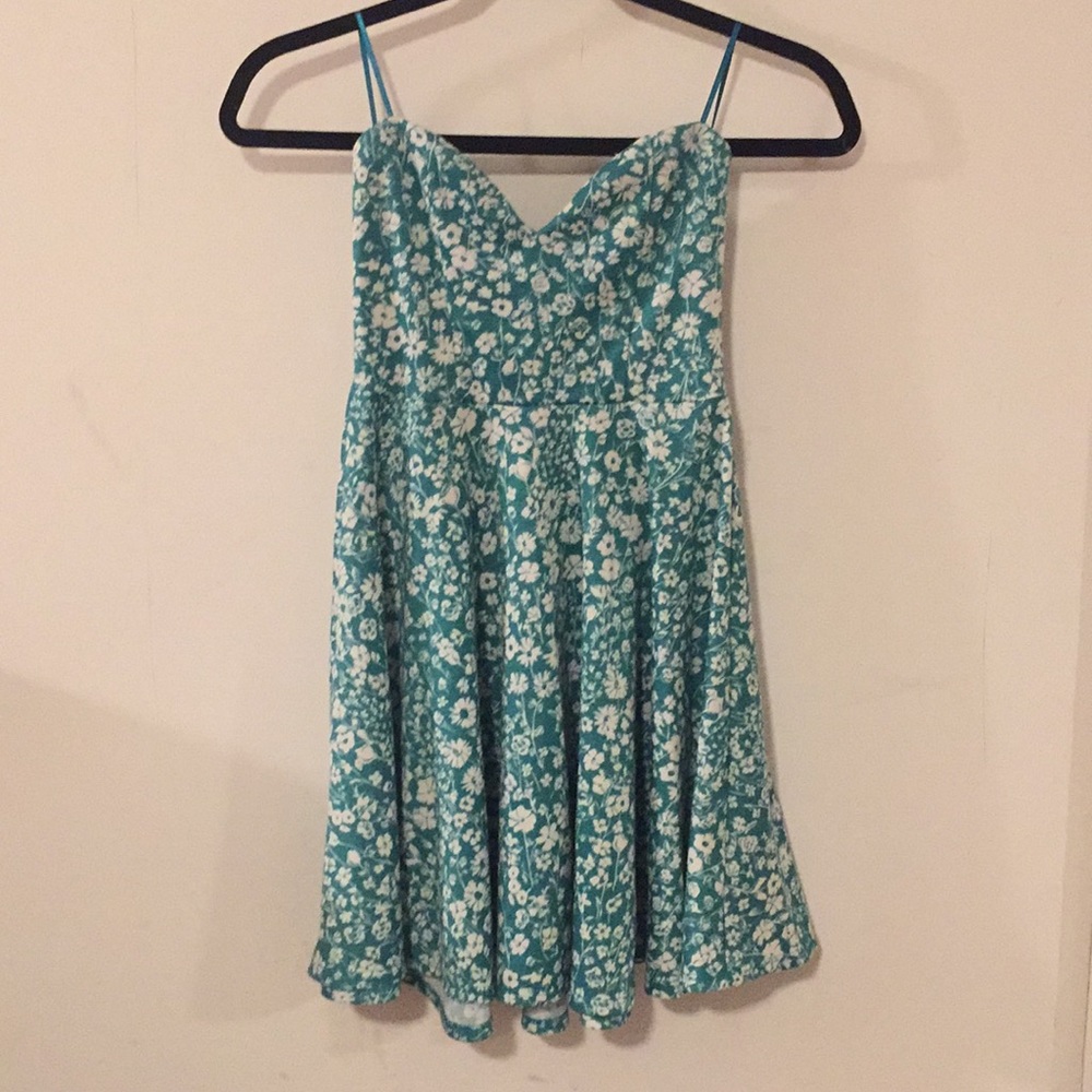 Blue-green strapless floral dress